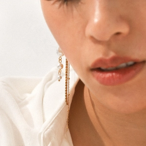 Elegant gold stainless steel drop earrings with imitation pearls and zircon chain tassels