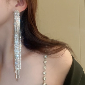 Detail of cascading silver tassel earrings with sparkling rhinestones worn by a model