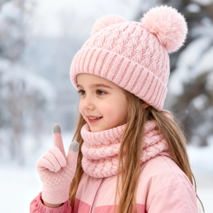 Close-up of pink knit baby winter set with double pompoms and touchscreen gloves details