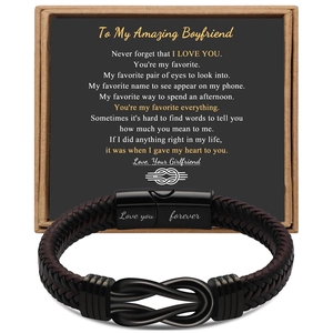 Brown braided leather bracelet with black magnetic clasp and romantic gift card message