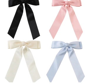 Set of large fabric ribbon bow hair clips in black, pink, beige and light blue satin