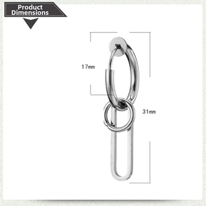 Detail view of silver stainless steel geometric drop earring with 17mm and 31mm measurements