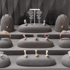 Professional grey velvet jewelry display set for necklaces, rings and earrings