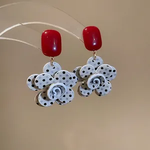 Retro resin oval flower tassel earrings with red studs and black white polka dots