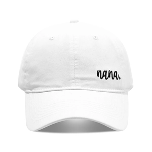 White cotton baseball cap with nana letter embroidery and six-panel breathable design