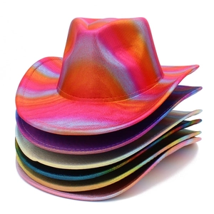 Close-up of holographic metallic cowboy hats in various vibrant gradient colors
