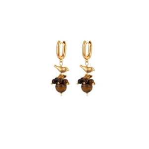 18k gold plated bird earrings with tiger eye stone and beaded tassels in vintage style