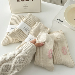 Calze Donna Slouch Crew Cotone Fiammato Maglia A Coste Trecce Stile Giapponese Calde Traspiranti
