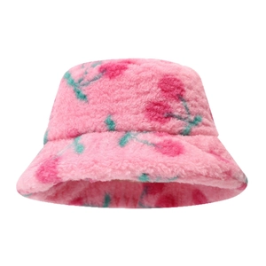 Chic pink plush bucket hat with floral pattern for winter warmth and sweet college style