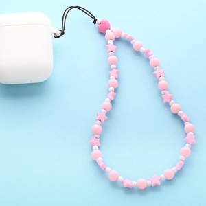 Pink and white acrylic heart star beaded phone lanyard strap for earphone case decor