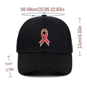 Detailed size guide of black baseball cap with red ribbon embroidery and measurements