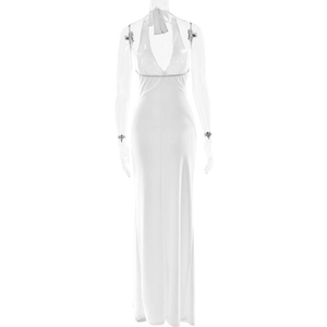 Detail of white halter neck maxi dress with elegant backless design on a mannequin