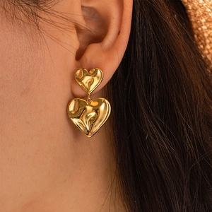 Irregular Texture Double Heart Drop Earrings For Women Vintage Gold Silver Plated Metal Heart Dangle Earrings Jewelry