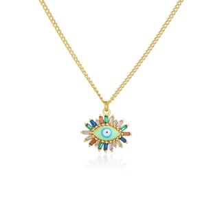 Detail of 18K gold-plated Evil Eye pendant necklace with multi-color zircon and enamel