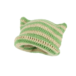 Striped knit beanie with cat ears in green and beige stripes on a white background