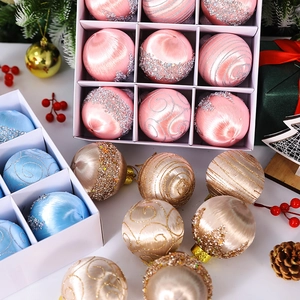 9pcs 8cm Christmas painted silk foam baubles set in pink blue and gold for tree decor