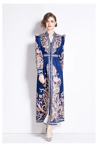 Close-up of vintage paisley print and button-down front on a V-neck maxi dress
