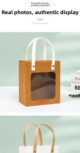 Macro view of kraft paper gift bag with transparent window and white woven handles