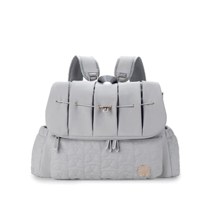 Close-up of waterproof light grey quilted diaper bag with golden hardware and metal logo