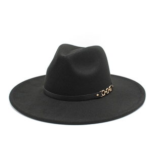 Vintage Woolen Wide Brim Fedora Hat For Women Men Fashion Jazz Hat With Metal Chain Belt Fall Winter Warm Felt Hat