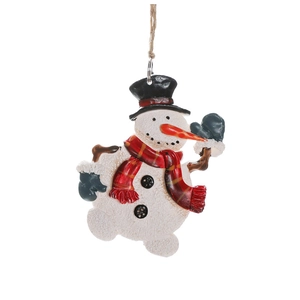Vintage snowman Christmas hanging ornament with red scarf and top hat for tree decoration