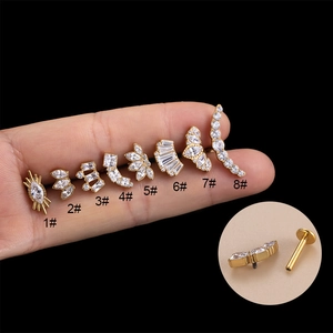 Marquise Crown F136 Titanium Labret Lip Stud Internally Threaded Zircon Cartilage Earring Flat Back Body Piercing Jewelry