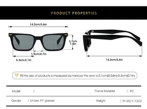Detailed dimension chart showing frame width and lens height for square unisex sunglasses