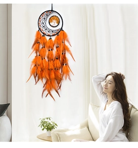 Detailed wall hanging dreamcatcher featuring black tree of life and orange feathers