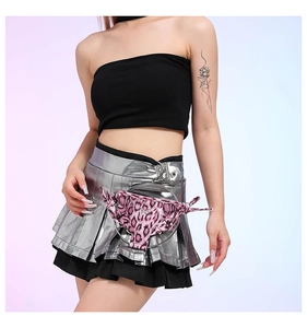 Detailed view of pink leopard print bikini-shaped mini crossbody bag with silver rings