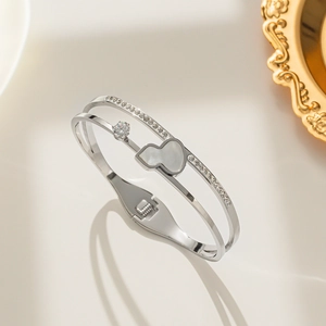 Elegant silver titanium steel bracelet with double layer band, gourd shell and zircons