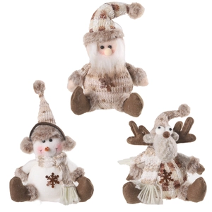 Three Christmas plush dolls featuring Santa, snowman, and reindeer in knitted fabric