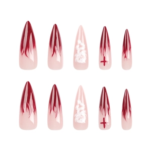 Stiletto press-on nails featuring red flame tips, Chinese dragon patterns and cross art