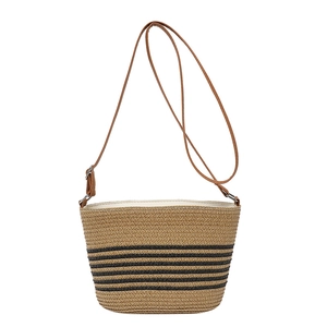 Summer khaki straw woven bucket bag with black stripes and brown leather strap