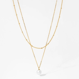Double-layered gold-plated necklace featuring a pearl pendant and delicate bead chain