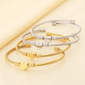 Bracelet Jonc Coeur Acier Inoxydable Câble Fil Torsadé Manchette Ouverte Bijoux De Mode Pour Femmes