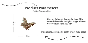 Detailed size specifications for iridescent resin butterfly hair claw clip with six colors