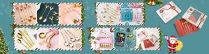 Close-up of golden and silver Christmas dessert spoons and forks in premium gift boxes