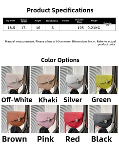 Size chart and color selection for vintage saddle bag with dimensions and PU material info