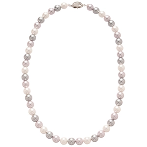 Elegant French style necklace with white lavender and grey pearls on a white backdrop