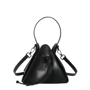 Cool punk style triangular leather crossbody bag with silver skull ornament for kids
