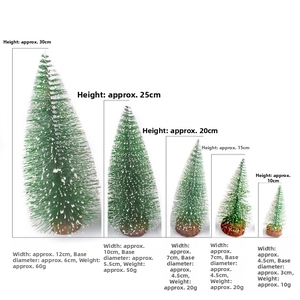 Size chart showing height and width details for five mini flocked Christmas trees