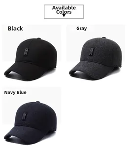 Detail showing winter baseball caps in black, grey, and navy blue with fashion logo plaque