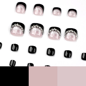 French style black and pink press-on toenails with white floral and rhinestone decor