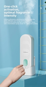 Close-up of smart essential oil diffuser showing ultrasonic mist and sleek striped design