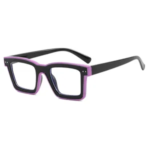Square TR90 anti-blue light glasses with a stylish purple and black two-tone frame design