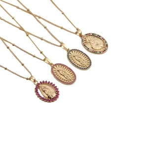 Gold religious oval pendants with colorful zircon on beaded necklaces in main view