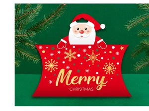 Detail of red Christmas pillow gift box with golden snowflake and Santa Claus handle