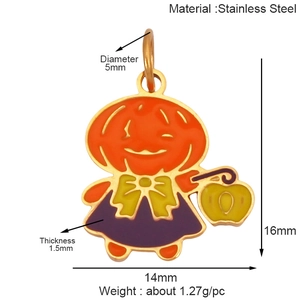 Golden stainless steel pumpkin pendant with enamel details for Halloween jewelry