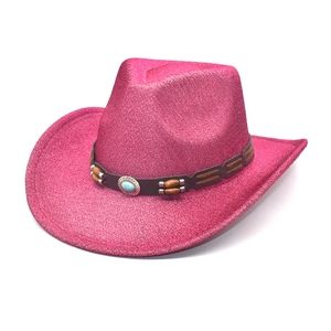 Chapeau De Cowboy Western Paillettes Coton Polyester Avec Bande En Cuir Perle Turquoise Style Jazz Ethnique Unisexe