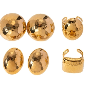 18k gold plated stainless steel jewelry set with hammered dome earrings and open rings
